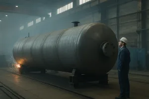 инженер рядом с большим горизонтальным резервуаром