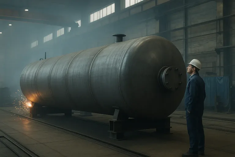 инженер рядом с большим горизонтальным резервуаром