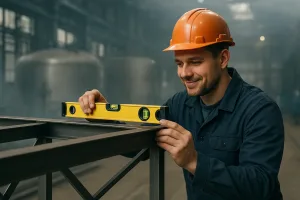 рабочий проверяет уровень на металлоконструкции