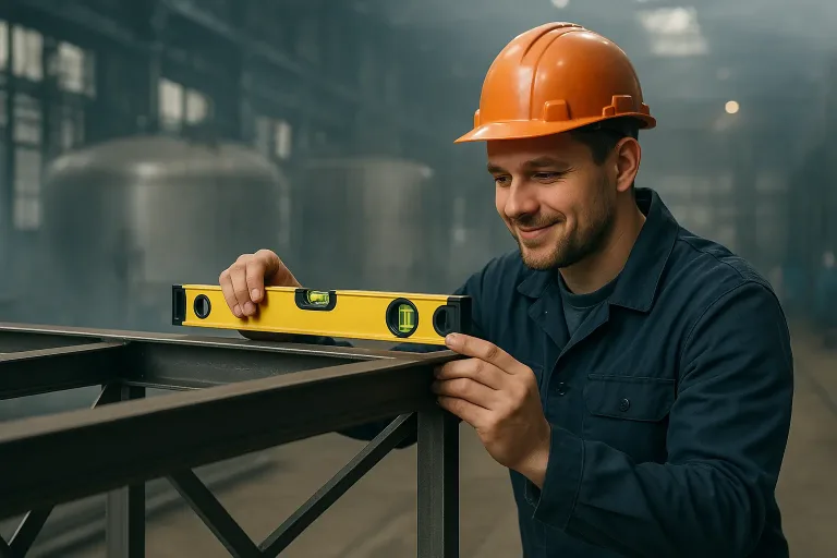 рабочий проверяет уровень на металлоконструкции