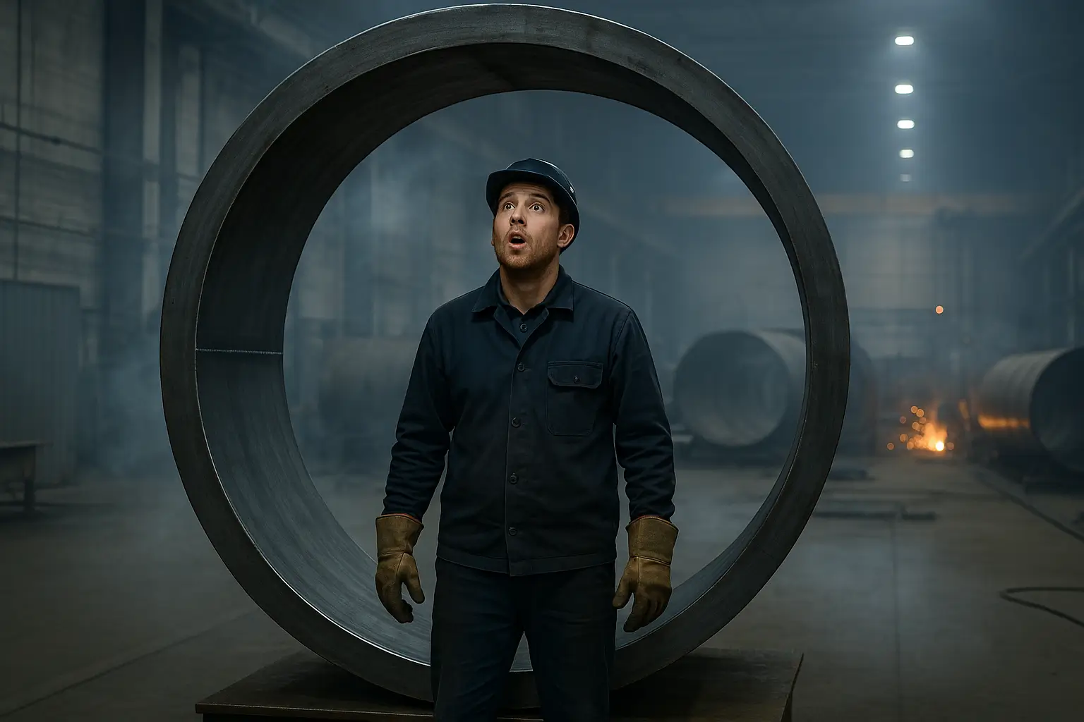 рабочий стоит внутри большого металлического кольца