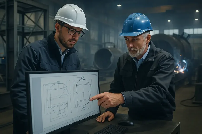 инженеры обсуждают проект возле компьютера в цеху