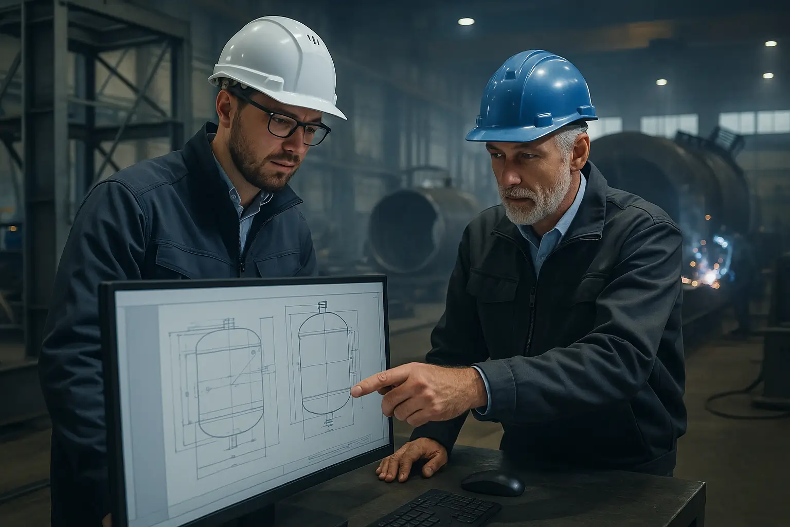 инженеры обсуждают проект возле компьютера в цеху