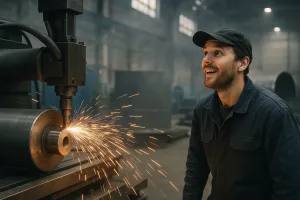 работающий станок с искрами во время резки металла