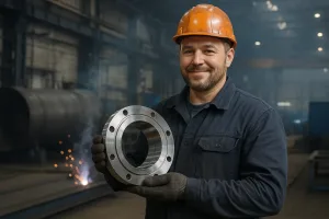 рабочий держит готовую деталь из металла