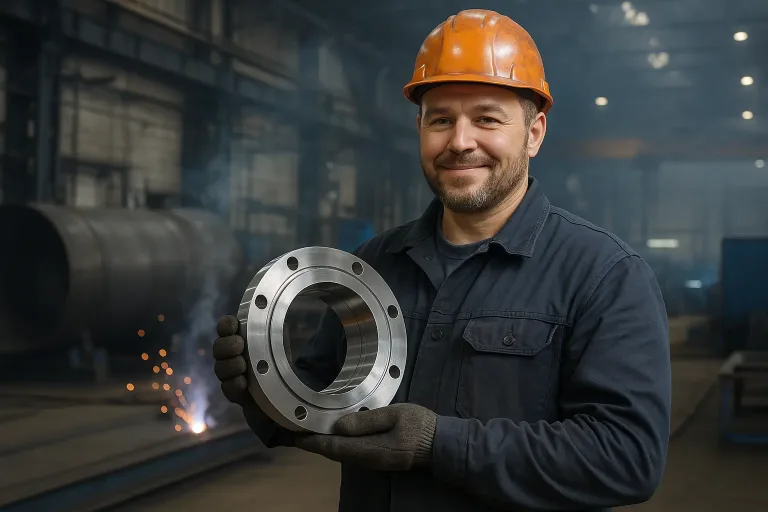 рабочий держит готовую деталь из металла