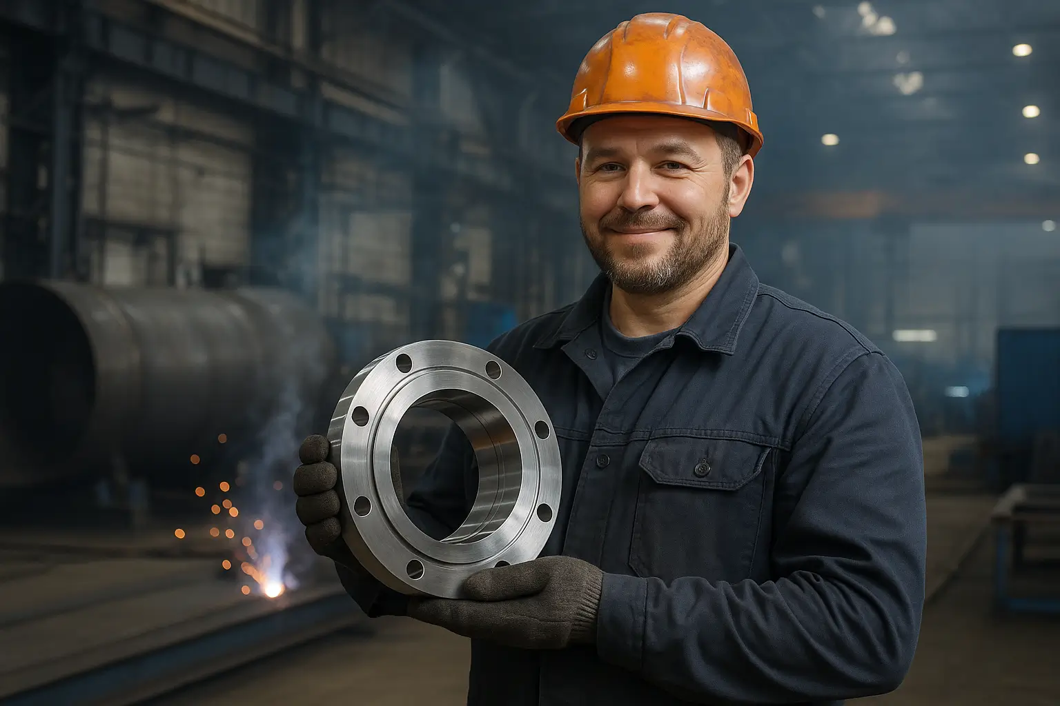 рабочий держит готовую деталь из металла