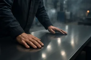 крупный план рук на поверхности листа стали