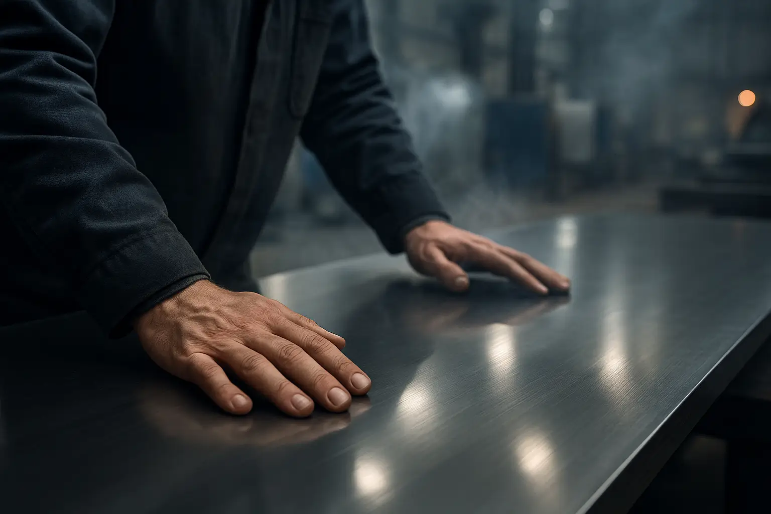 крупный план рук на поверхности листа стали