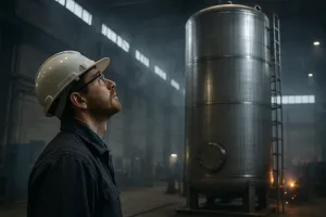 инженер смотрит вверх на установленный резервуар