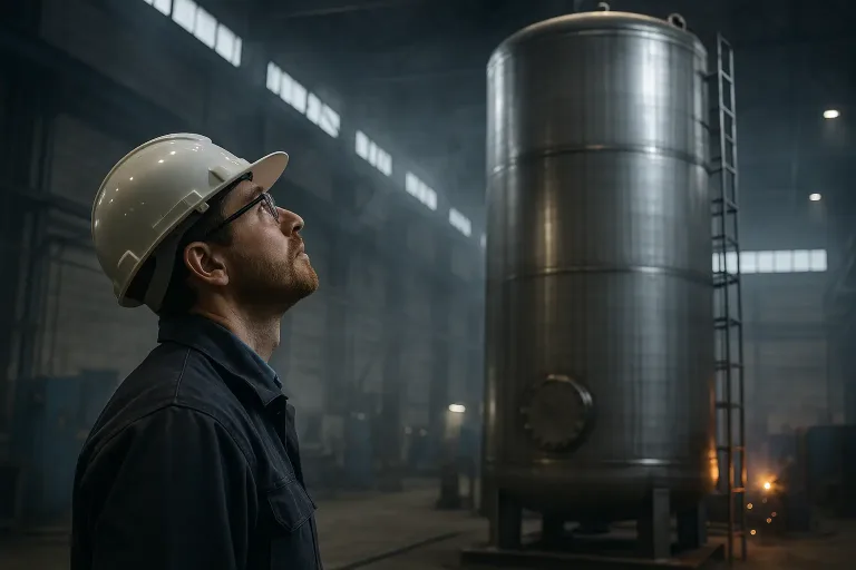 инженер смотрит вверх на установленный резервуар