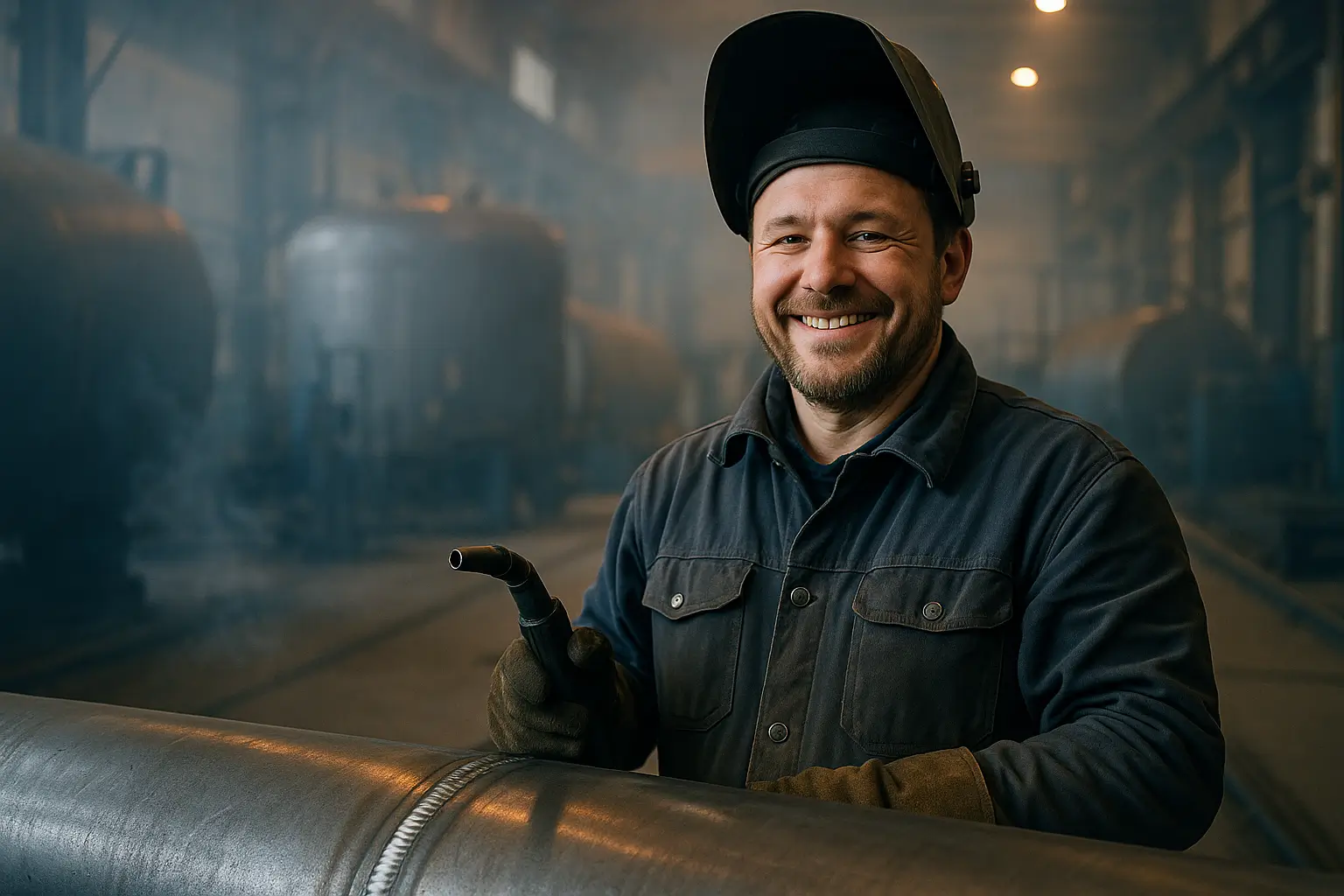 сварщик улыбается возле готового сварочного шва