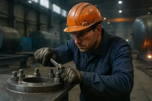 монтажник фиксирует болтовое соединение на металлоконструкции