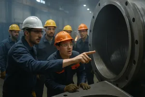 рабочие обсуждают участок металлической конструкции