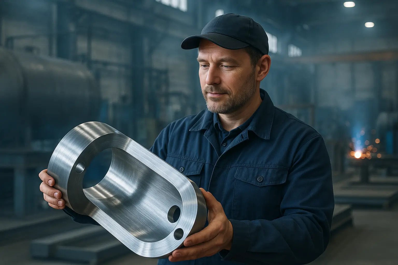 мастер осматривает обработанную металлическую деталь