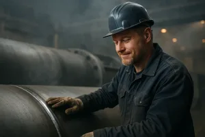 рабочий проверяет сварочный шов рукой