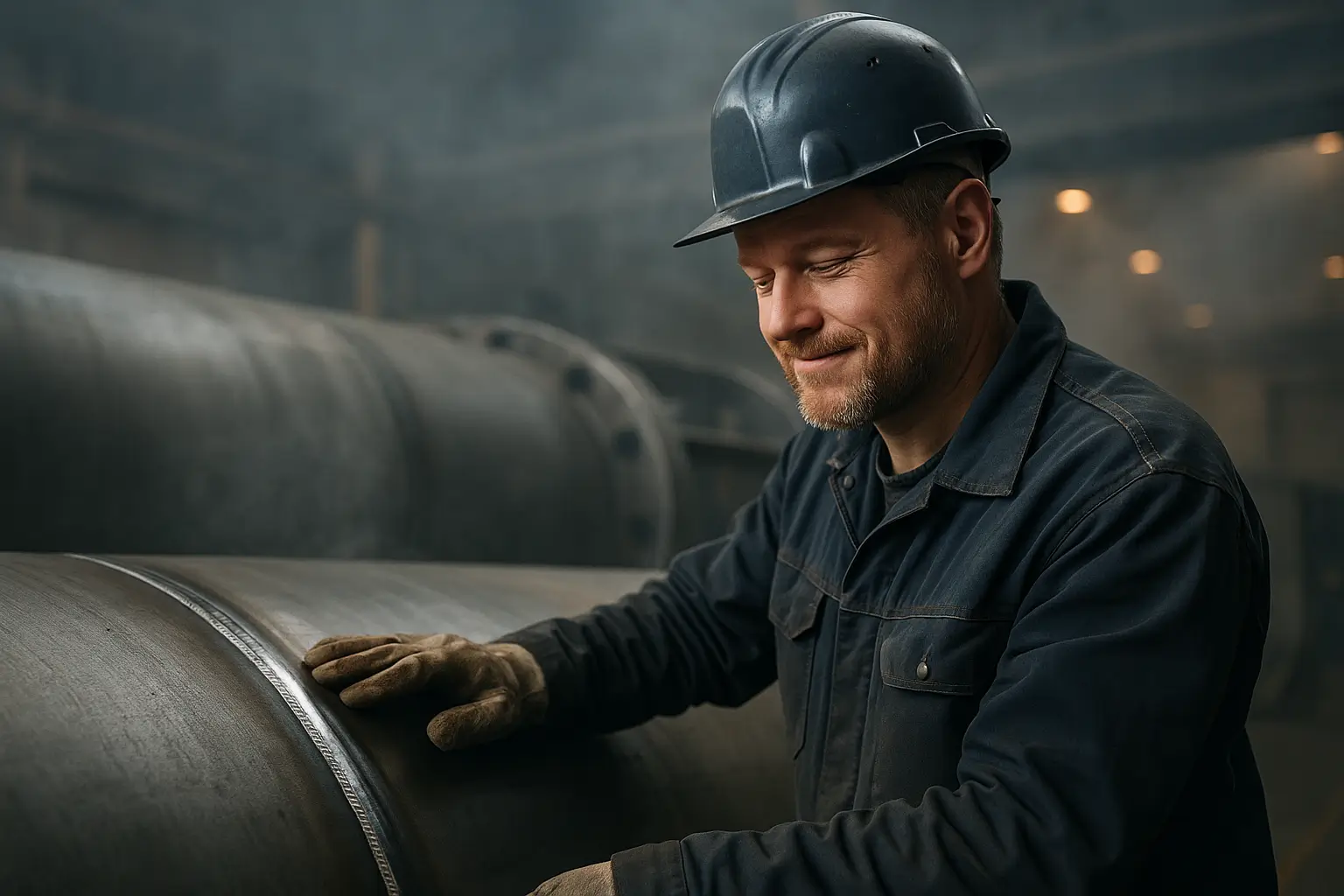 рабочий проверяет сварочный шов рукой