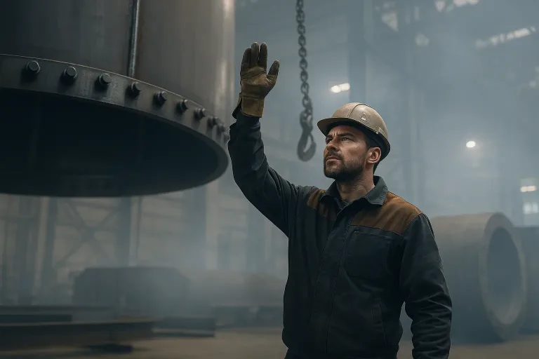 рабочий подаёт сигнал крановщику в цехе