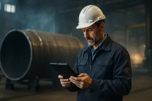 инженер с планшетом возле конструкции резервуара