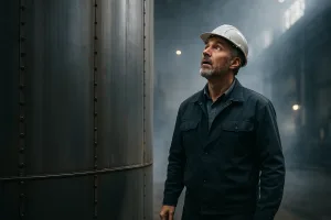 инженер рассматривает вертикальный резервуар