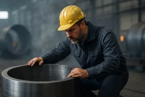 рабочий осматривает стальной сегмент резервуара в цехе